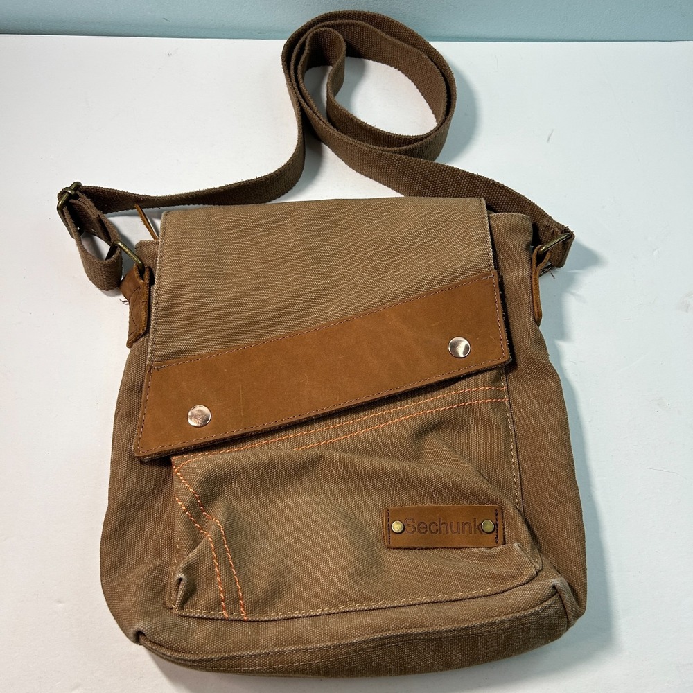 Sechunk Messenger Bag Brown Canvas Leather Crossbody Shoulder Satchel Man-Purse